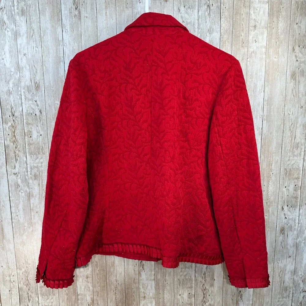 Coldwater Creek Women's Red Jacket Textured Sparkle‎ Leaf Jaquard Ruffle Trim L